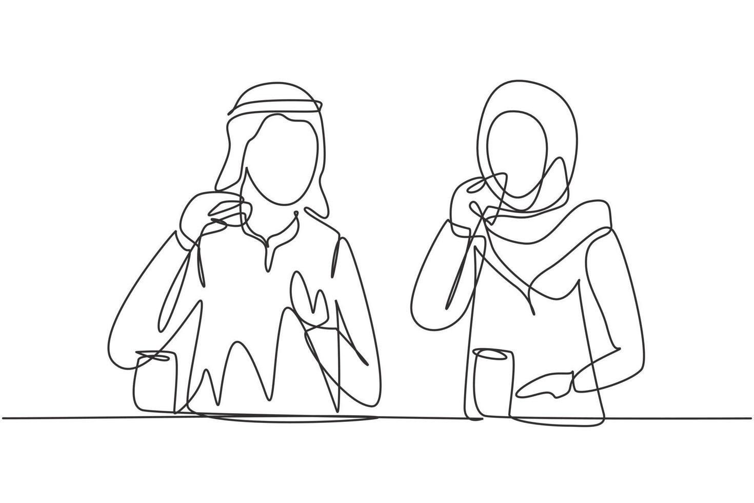 Single continuous line drawing Arabian couple having hamburger meal around table at restaurant. Happy teenagers talking, smiling and laughing together. One line draw graphic design vector illustration