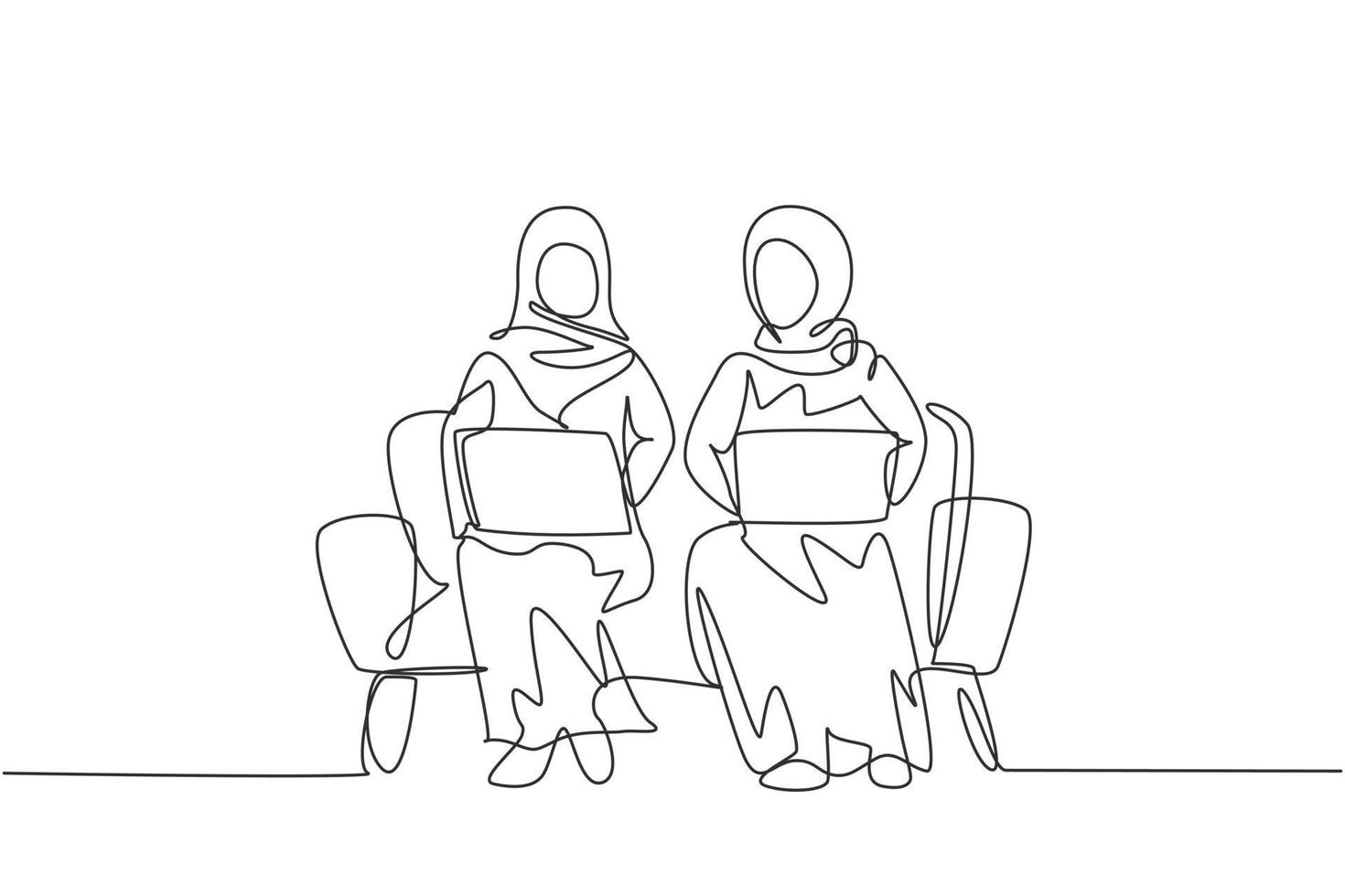 Single one line drawing two Arab woman with laptop sitting on sofa together. Freelance, distance learning, online courses, and studying. Modern continuous line draw design graphic vector illustration