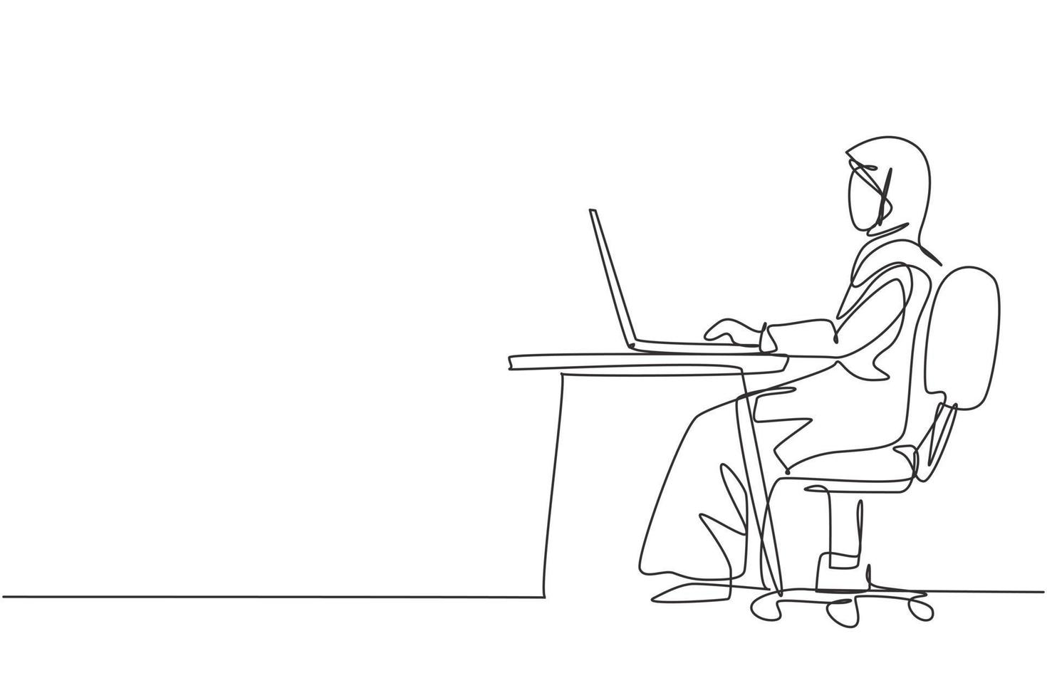 Single one line drawing Arabian female with laptop sitting on chair around desk. Distance learning, online courses, and studying concept. Modern continuous line draw design graphic vector illustration