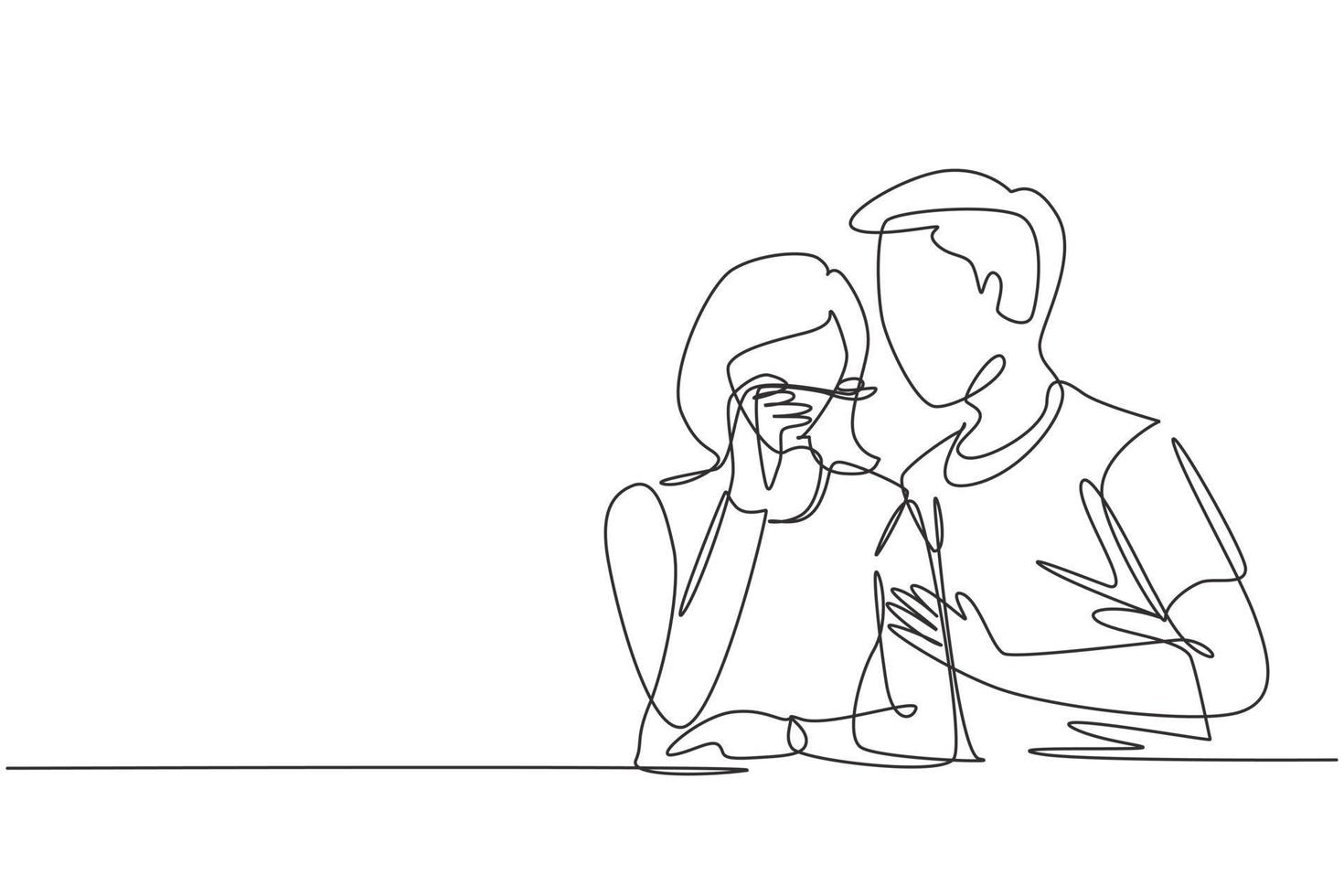 Single continuous line drawing romantic female feeds her husband. Happy couple having dinner together at restaurant. Celebrate wedding anniversaries. One line draw graphic design vector illustration