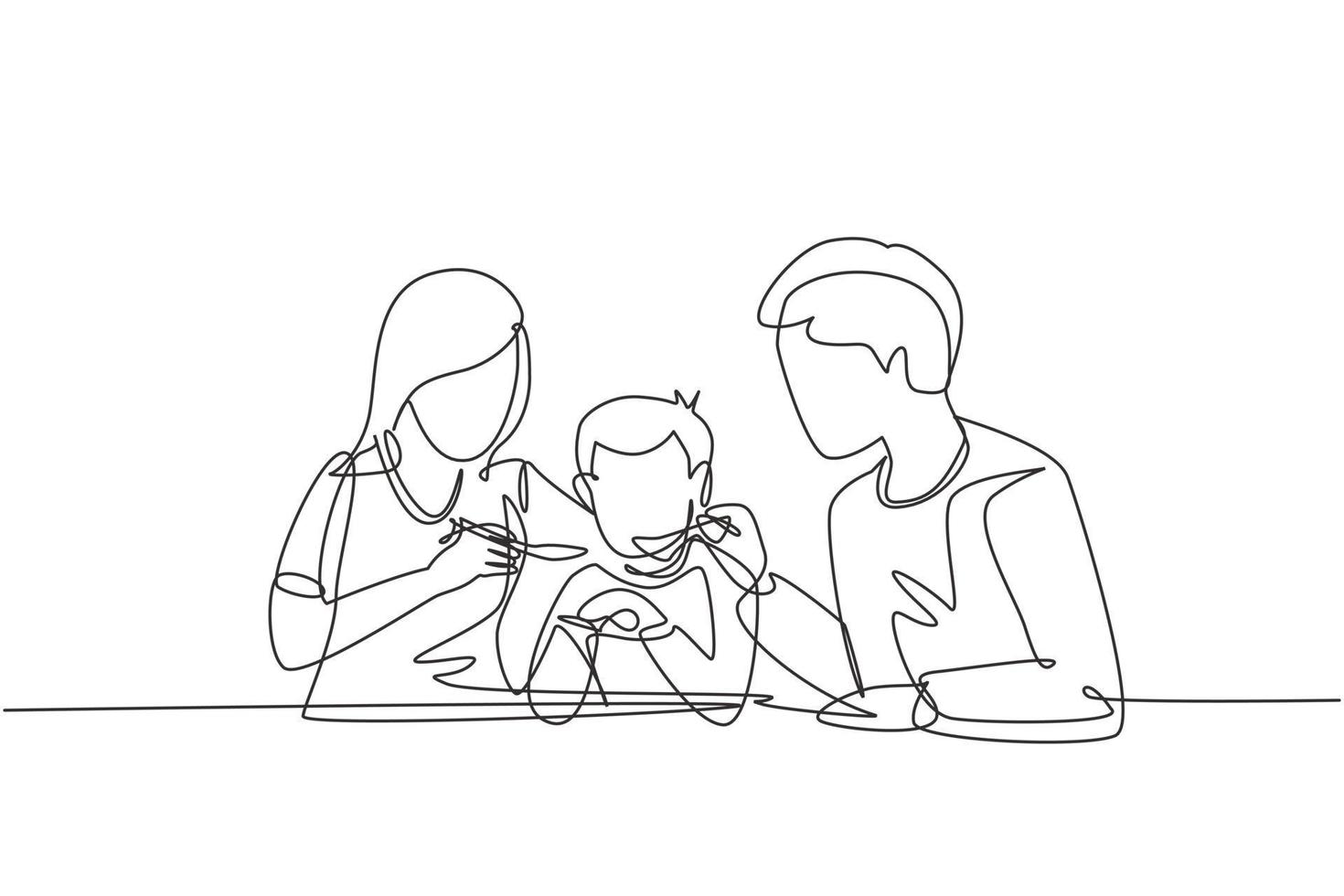 dibujo de una sola línea familia joven divirtiéndose juntos en el restaurante. los padres alimentan al niño con amor. pequeño concepto de familia feliz. Ilustración de vector gráfico de diseño de dibujo de línea continua moderna