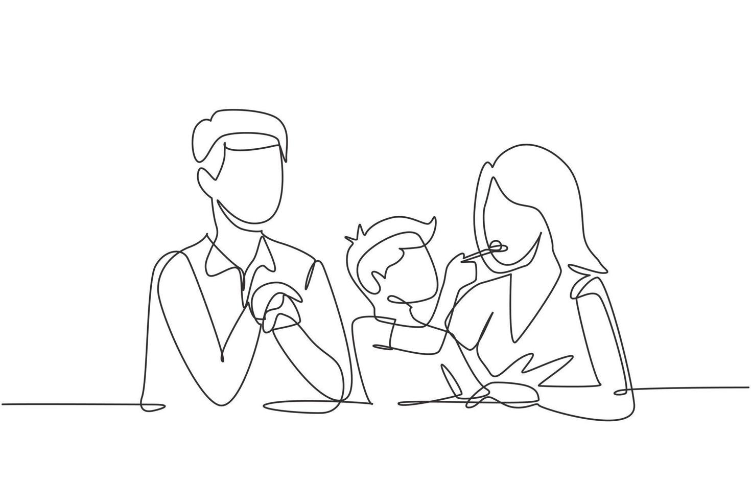 Single one line drawing young family having fun together in modern restaurant. Boy feeds his mother with love. Happy little family concept. Continuous line draw design graphic vector illustration