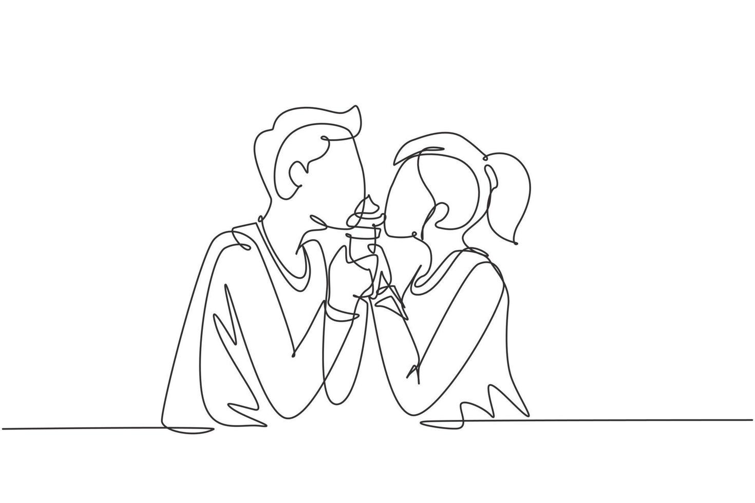 Single continuous line drawing young beautiful couple sharing ice cream cone. Celebrate anniversaries and enjoy romantic lunch at restaurant. Dynamic one line draw graphic design vector illustration