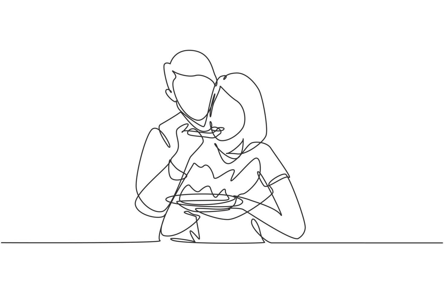 Single one line drawing romantic man feeding wife for breakfast. Celebrate wedding anniversaries and enjoy romantic moment at home. Modern continuous line draw design graphic vector illustration