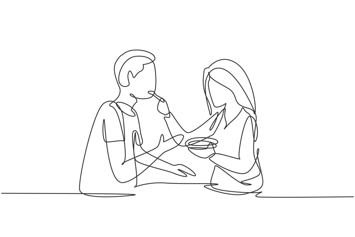 dibujo continuo de una línea mujer romántica alimenta a su marido. feliz pareja cenando juntos en el restaurante. celebrar aniversarios de bodas. Ilustración gráfica de vector de diseño de dibujo de una sola línea