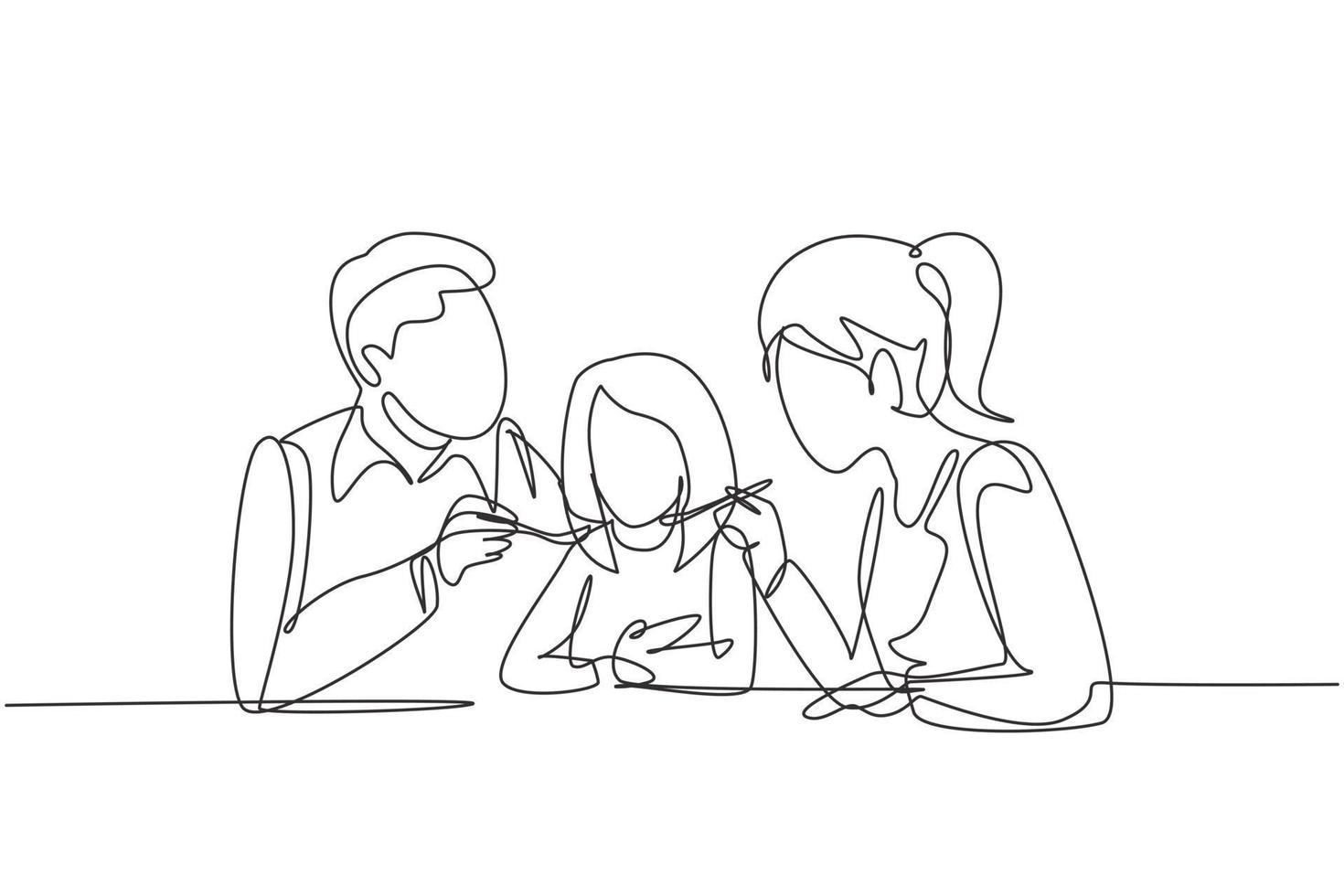 Continuous one line drawing young family having fun together in restaurant. Parents feeds they daughter with love. Happy little family concept. Single line draw design vector graphic illustration