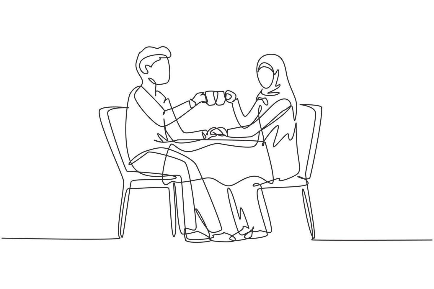 Continuous one line drawing young Arabian couple having romantic dinner, both holding cups. celebrating wedding anniversary at luxury restaurant. Single line draw design vector graphic illustration