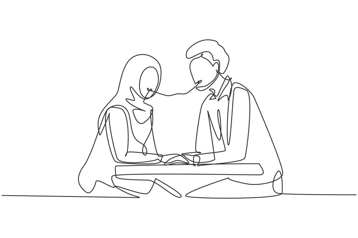 Continuous one line drawing young Arabian couple eating spaghetti together. Celebrate anniversaries and enjoy romantic dinner at modern restaurant. Single line draw design vector graphic illustration