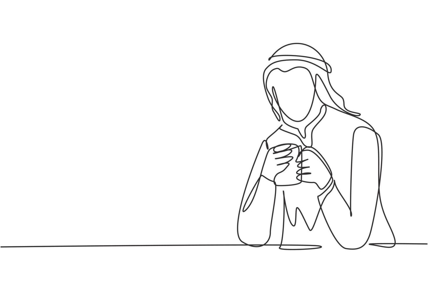 Single continuous line drawing young Arabian man sitting and holding a cup of coffee in one hand. Enjoy morning before work at office. Success person. One line draw graphic design vector illustration