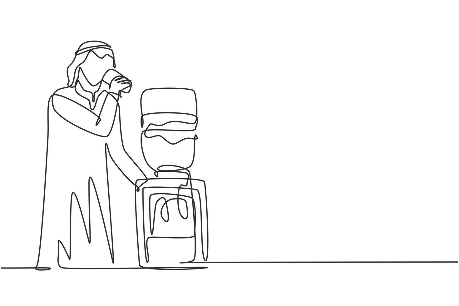 Single continuous line drawing young Arabian man drinking fresh water in glass while standing next to water dispenser filled with gallons of water. One line draw graphic design vector illustration