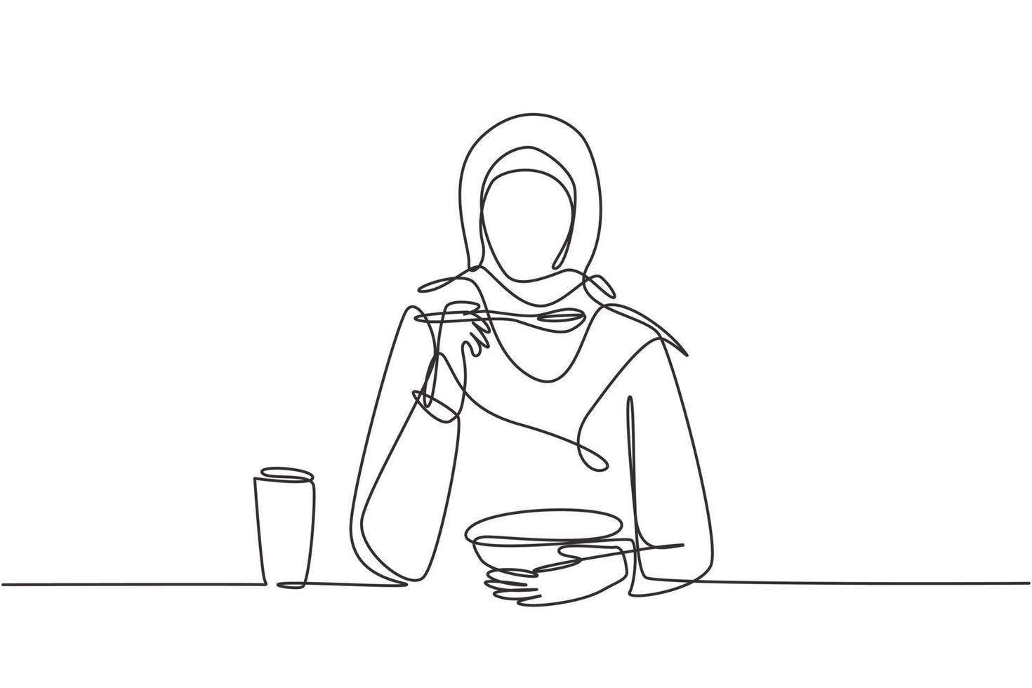 Continuous one line drawing young Arabian woman having cereal meal with milk and spoon. Enjoy breakfast at home. Delicious and healthy food concept. Single line draw design vector graphic illustration