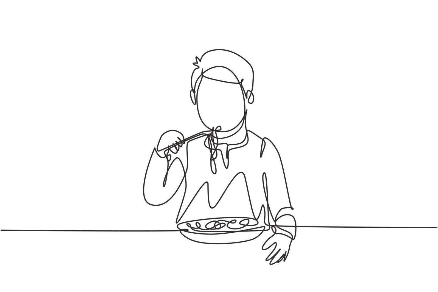 Single one line drawing young Arab boy having spaghetti meal with chopsticks around table. Enjoy lunch when hungry. Delicious and healthy food. Continuous line draw design graphic vector illustration