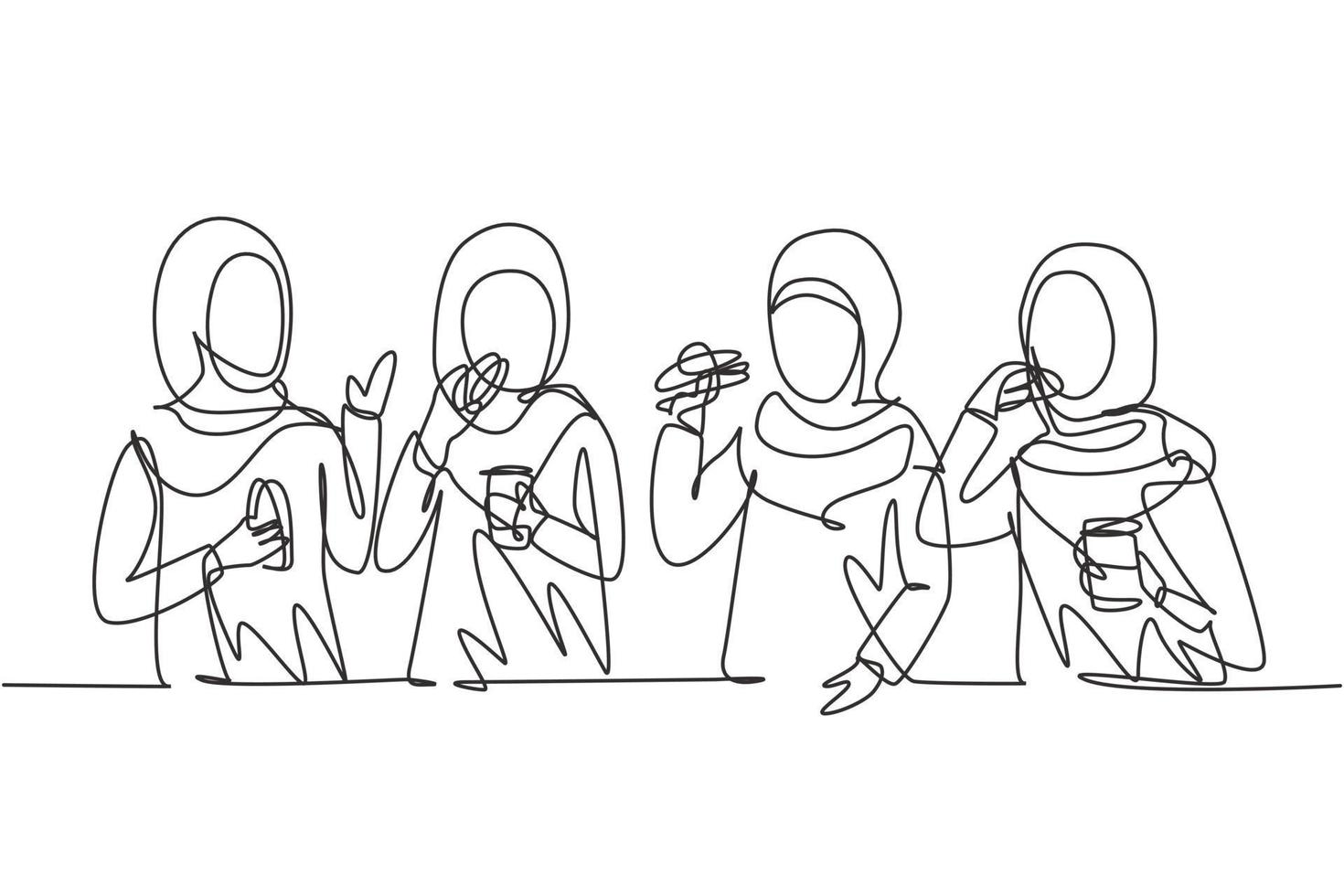 Dibujo de línea continua única amigos árabes comiendo comida rápida en el restaurante. grupo de mujeres felices hablando, cenando, hamburguesas y bebiendo refrescos. Ilustración de vector de diseño gráfico de dibujo de una línea