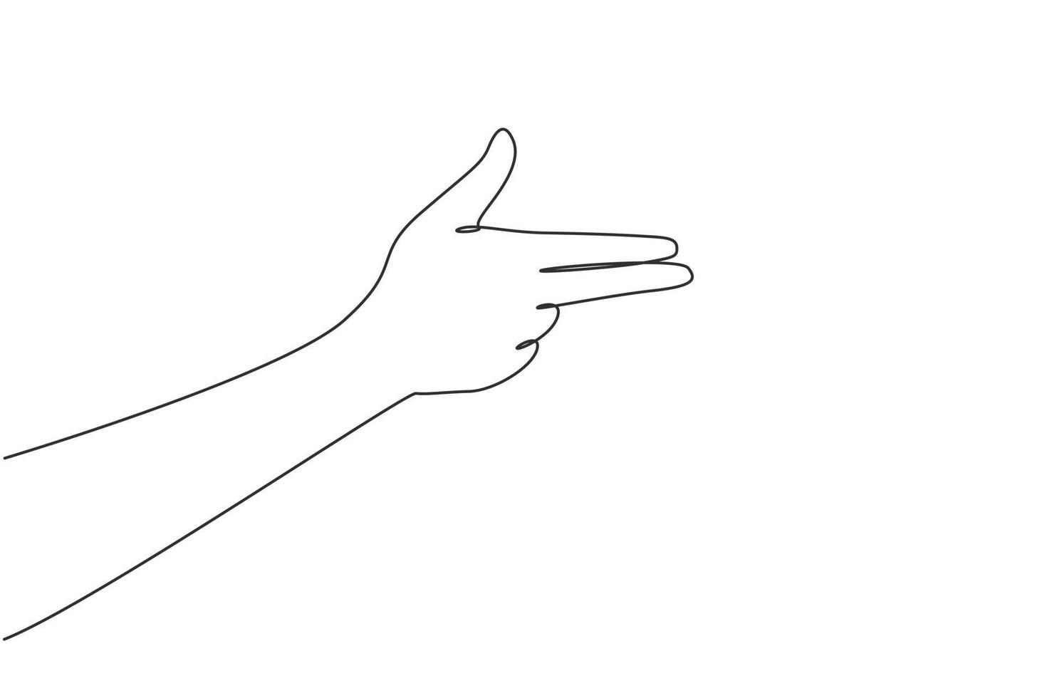 Single one line drawing hand gesturing fire gun weapon with fingers, aiming shoot symbol. Hand making gun gesture. Hand shot sign or symbol. Weapons by hand. Modern continuous line draw design graphic vector