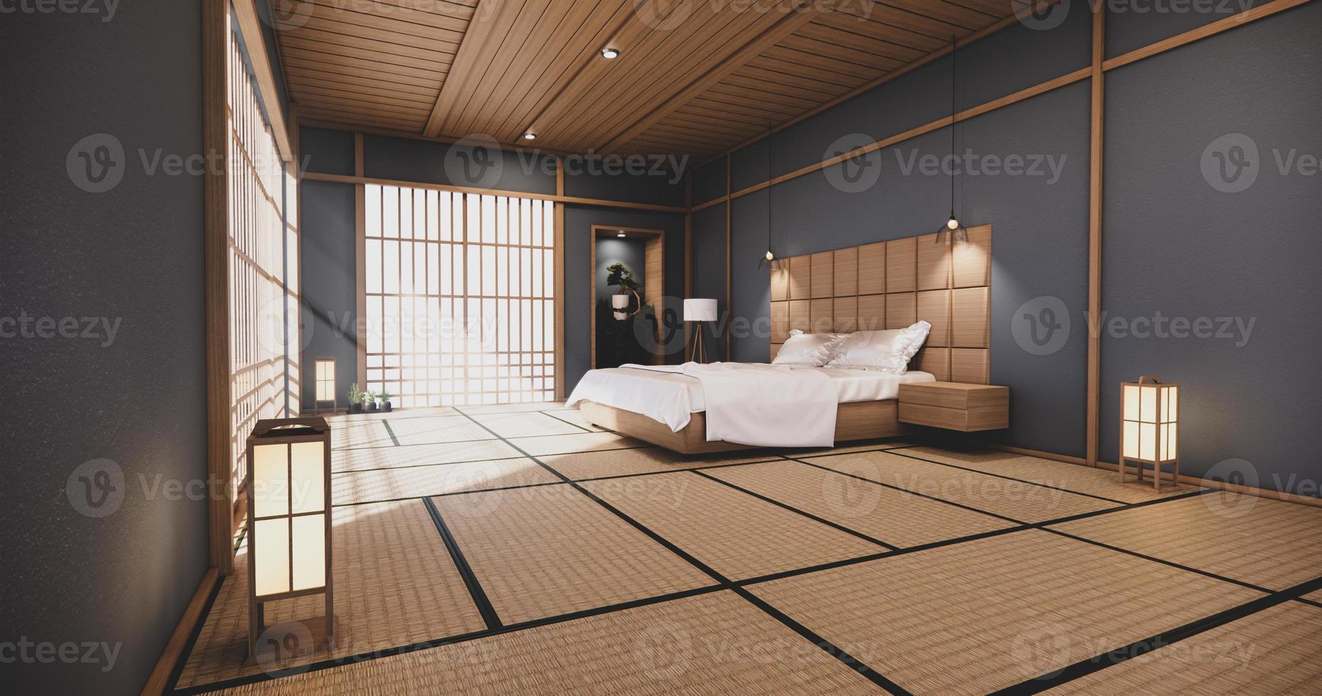 Diseño japonés de dormitorio azul oscuro en el interior de la habitación tropical y piso de tatami. Representación 3d foto