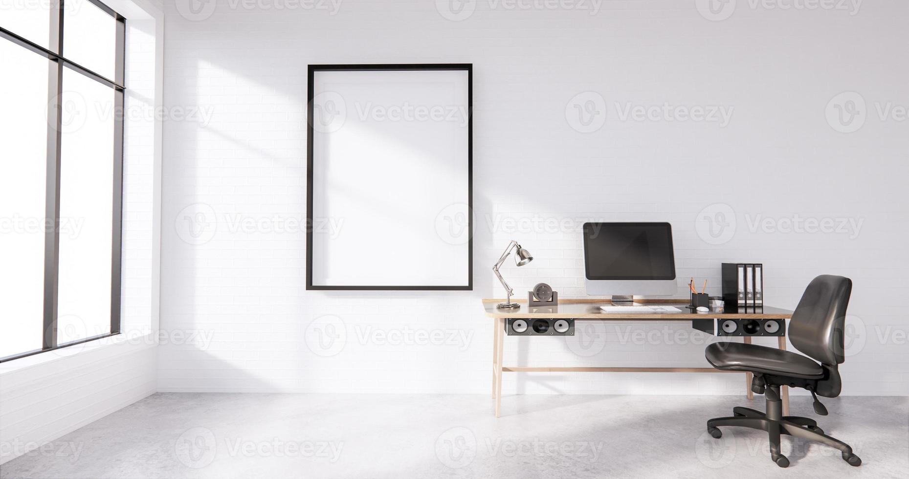 el interior de la computadora y las herramientas de oficina en un mini escritorio con diseño de piso de concreto blanco y pared de ladrillo blanco. Representación 3d foto