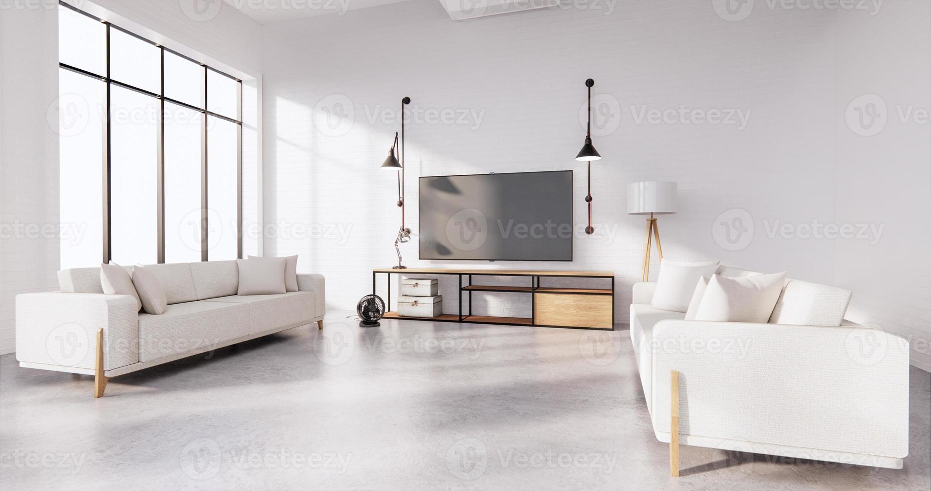 Smart TV en el gabinete en la sala de estar estilo loft con pared de ladrillo blanco sobre piso de madera y sofá sillón. Representación 3D foto