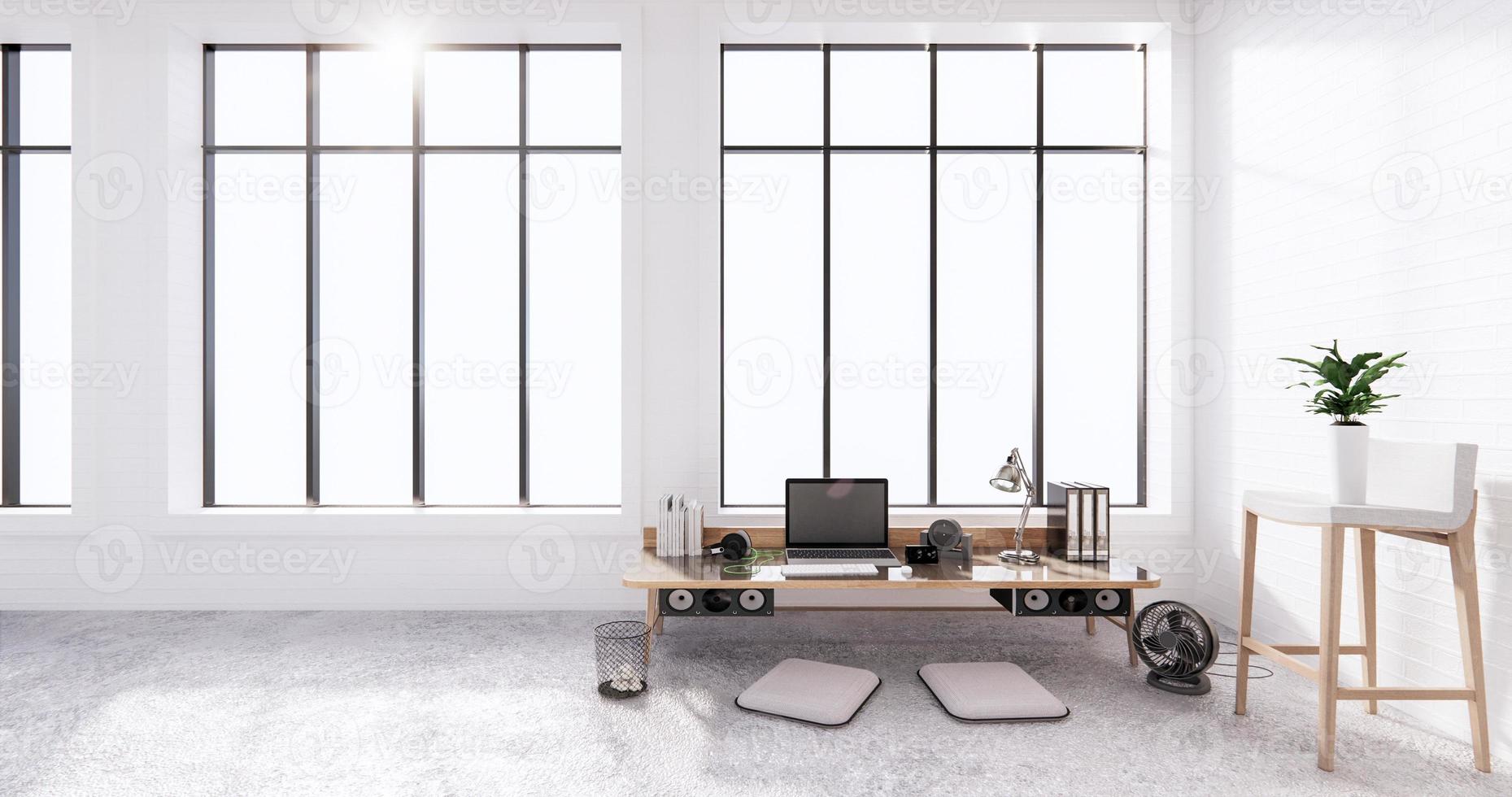 The interior Computer and office tools on mini desk in white concrete floor and white brick wall design. 3D rendering photo