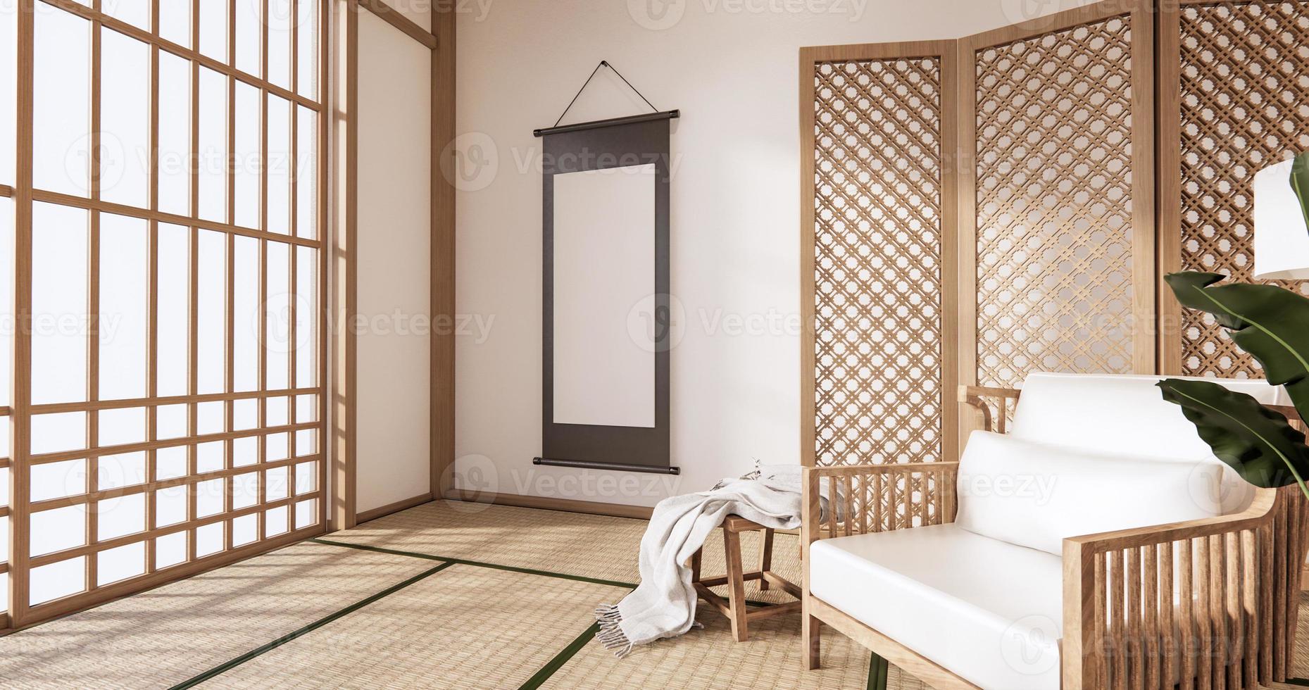 Sillón de madera y tabique japonés en la habitación interior tropical con piso de tatami y pared blanca. Representación 3D foto