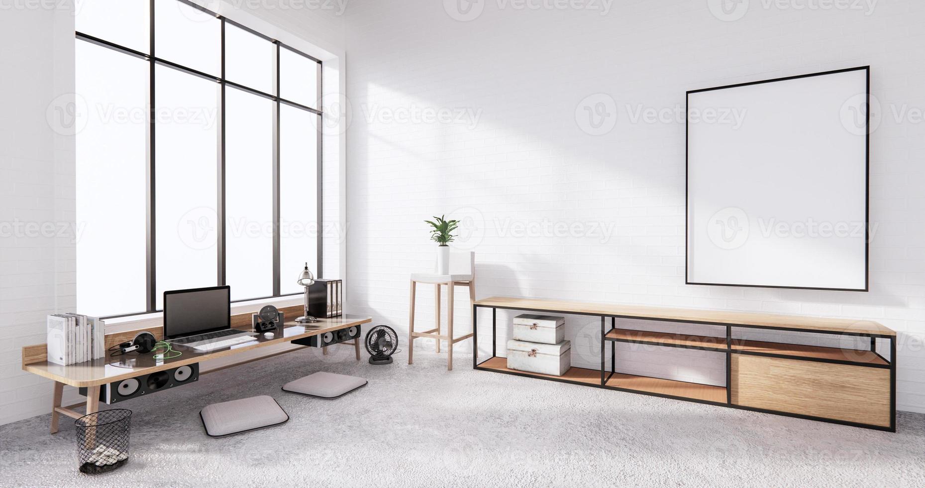 The interior Computer and office tools on mini desk in white concrete floor and white brick wall design. 3D rendering photo