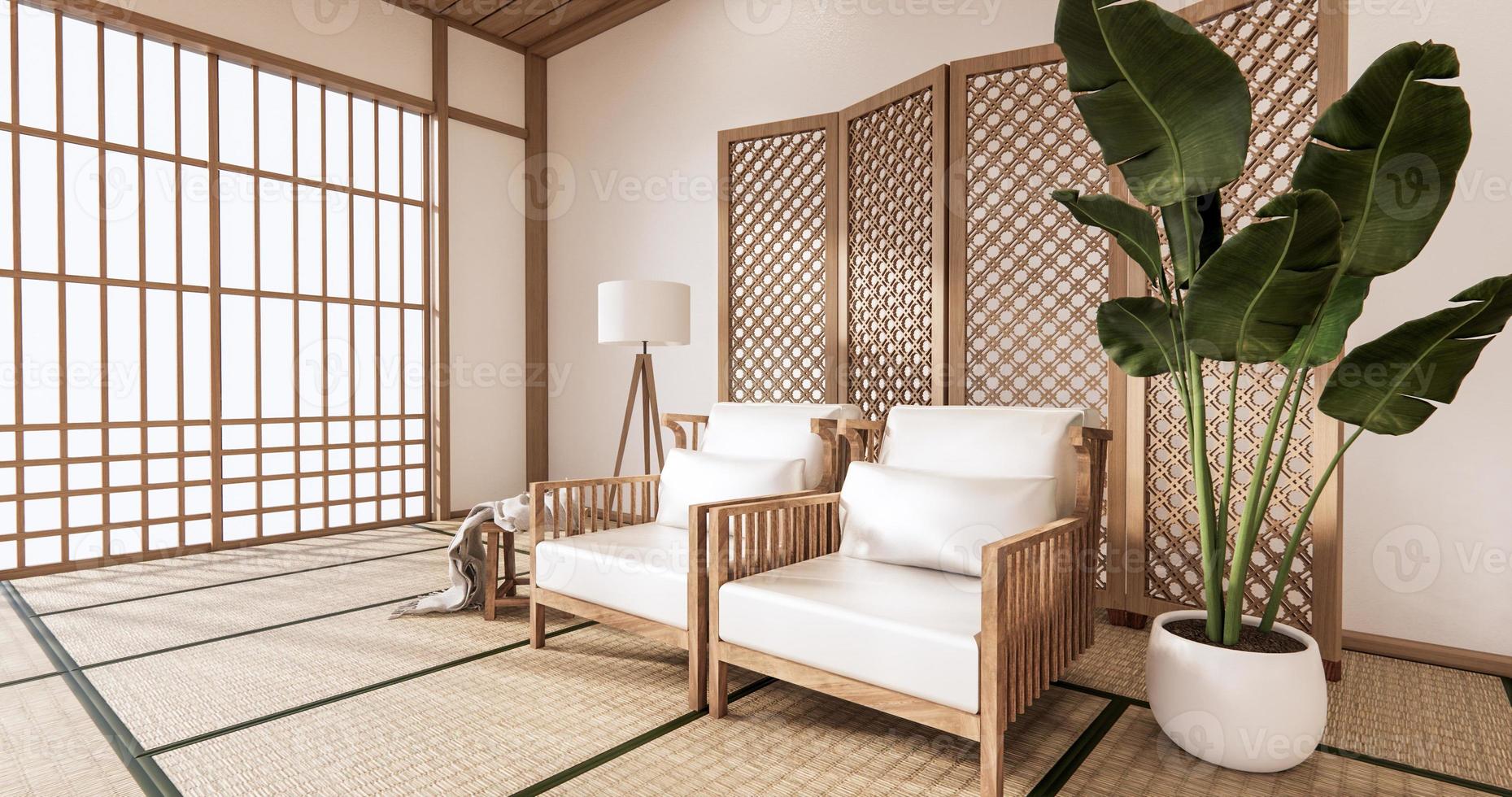 Sillón de madera y tabique japonés en la habitación interior tropical con piso de tatami y pared blanca. Representación 3D foto