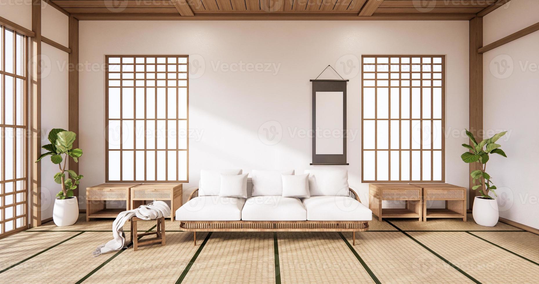 Sofá y tabique japonés en el interior tropical de la habitación con piso de tatami y pared blanca. Representación 3D foto