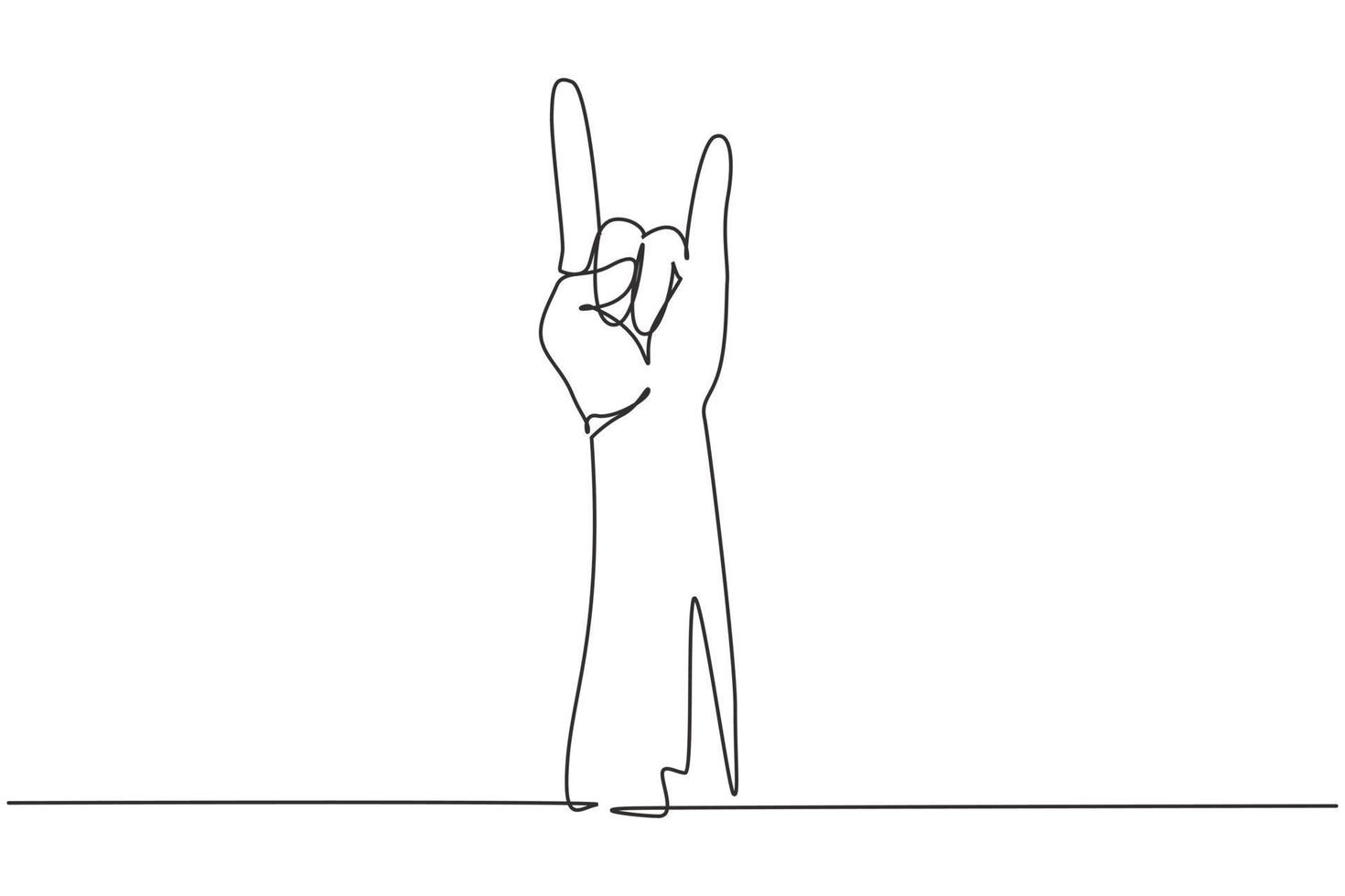 Single one line drawing rock on gesture symbol. Heavy metal hand gesture. Nonverbal signs or symbols. Hand variation shape concept. Modern continuous line draw design graphic vector illustration