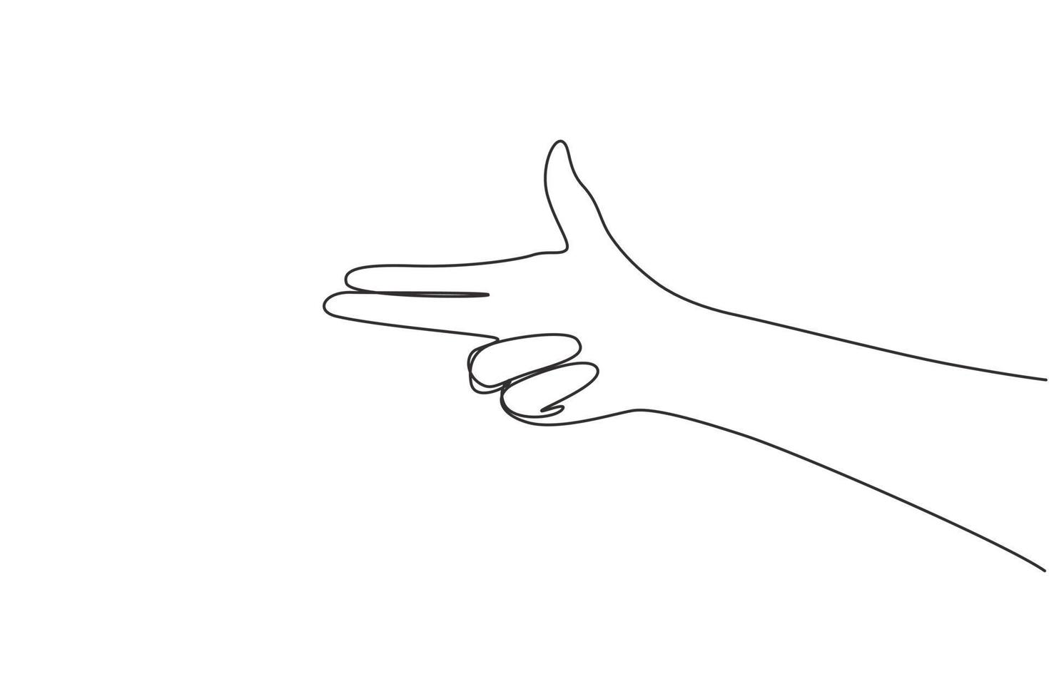 Continuous one line drawing hand gesturing fire gun weapon with fingers, aiming shoot symbol. Hand making gun gesture. Hand shot sign or symbol. Weapons by hand. Single line draw design vector graphic