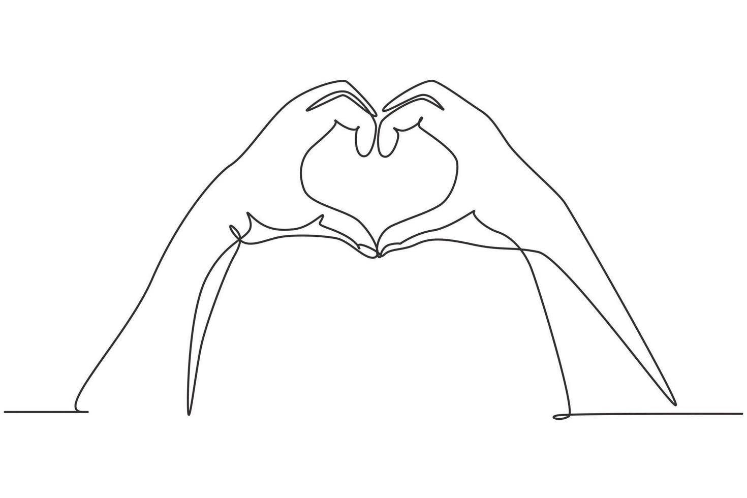 Single one line drawing hands making sign or symbol heart by fingers. Beautiful hands with copy space. Love concept with hand gestures. Modern continuous line draw design graphic vector illustration