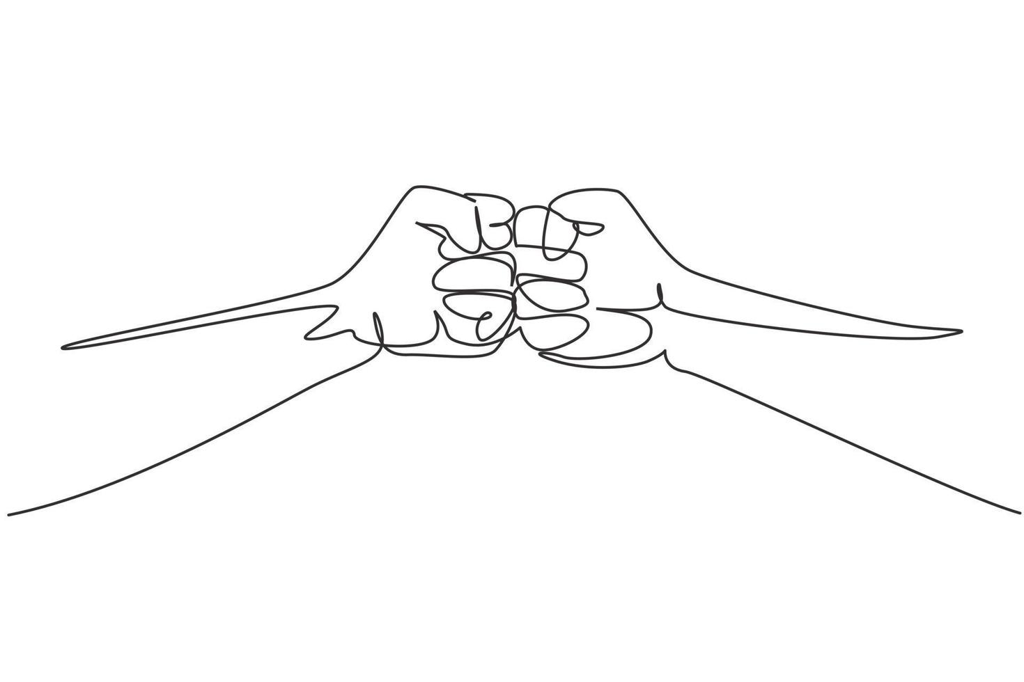 Continuous one line drawing two hands make fist bump. Sign or symbol of power, hitting, attack, force. Communication with hand gestures. Nonverbal signs. Single line design vector graphic illustration