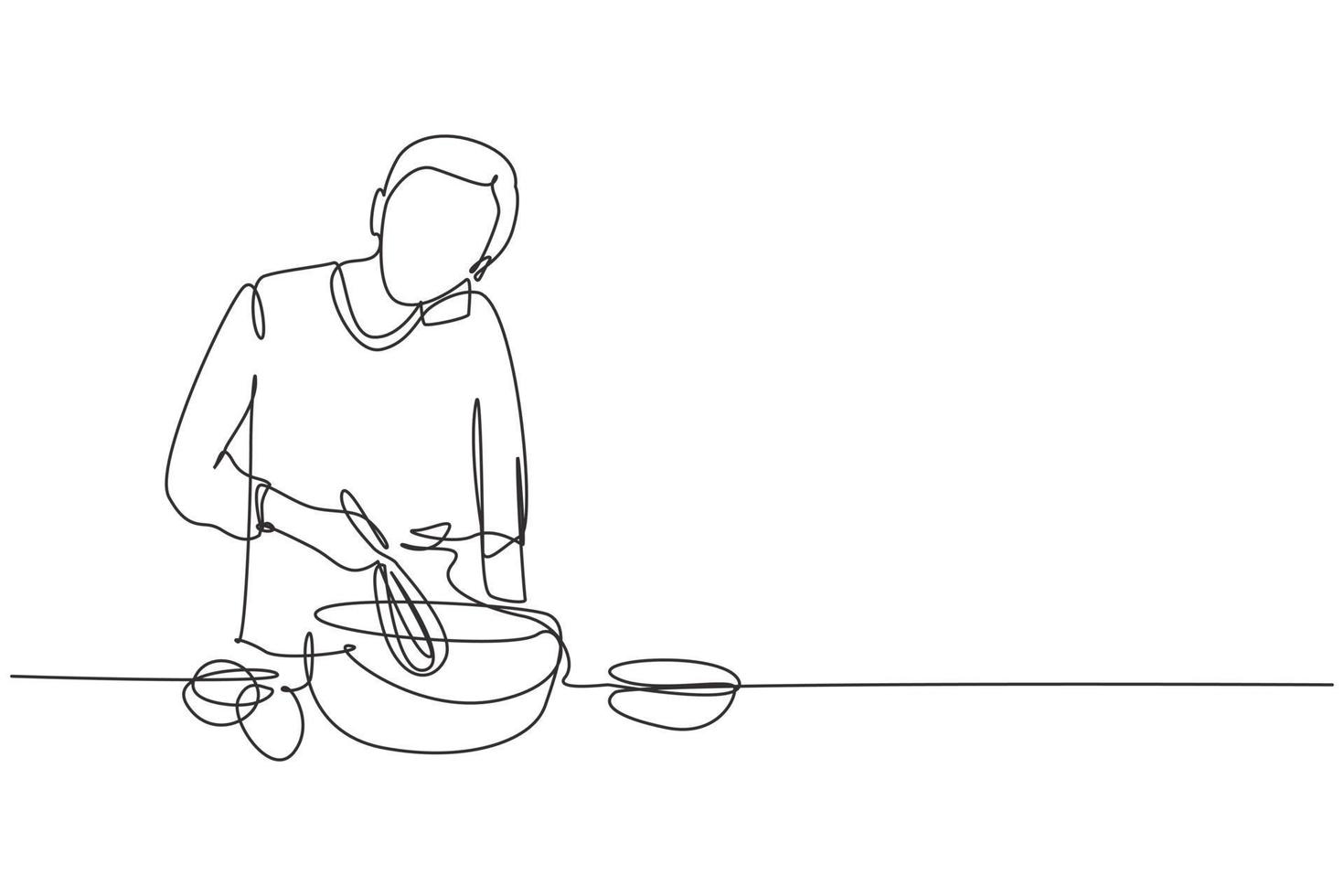 Single continuous line drawing man talks on smartphone while preparing dinner while standing in kitchen and knead cake dough using manual hand mixer. One line draw graphic design vector illustration