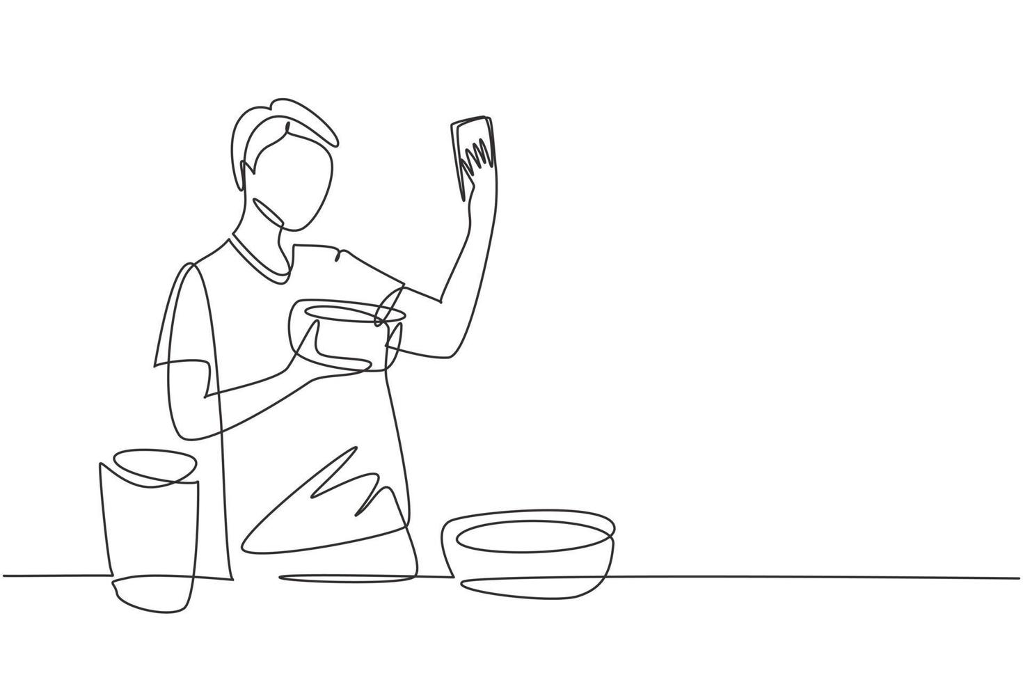 Single continuous line drawing handsome male taking selfie or making video call using her smartphone while cooking fresh salad. Healthy food concept. One line draw graphic design vector illustration