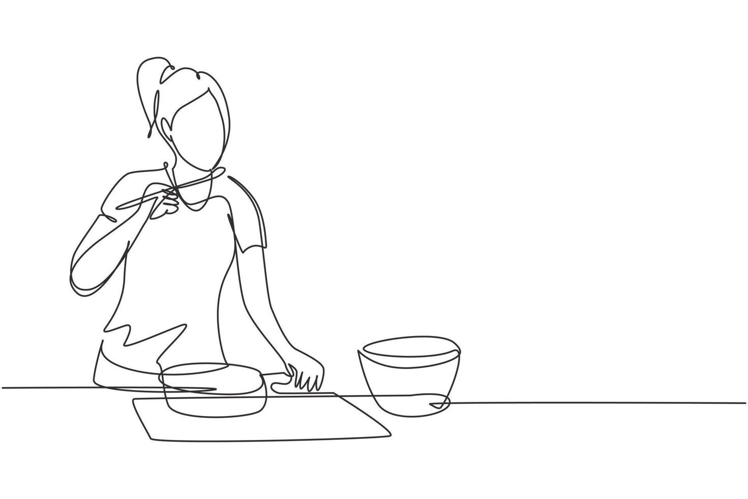 dibujo de línea continua única hermosa mujer mezclando salsa de tomate, degustando y saboreando comida con una espátula de madera. preparar la comida en la acogedora cocina. Ilustración de vector de diseño gráfico de dibujo de una línea dinámica