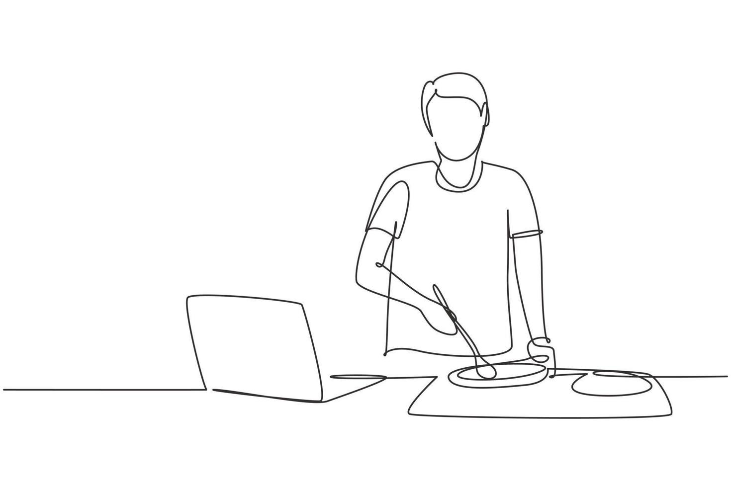 Single continuous line drawing man cooking dinner has video call conversation in kitchen. Male talking with friend using application on laptop. Dynamic one line draw graphic design vector illustration