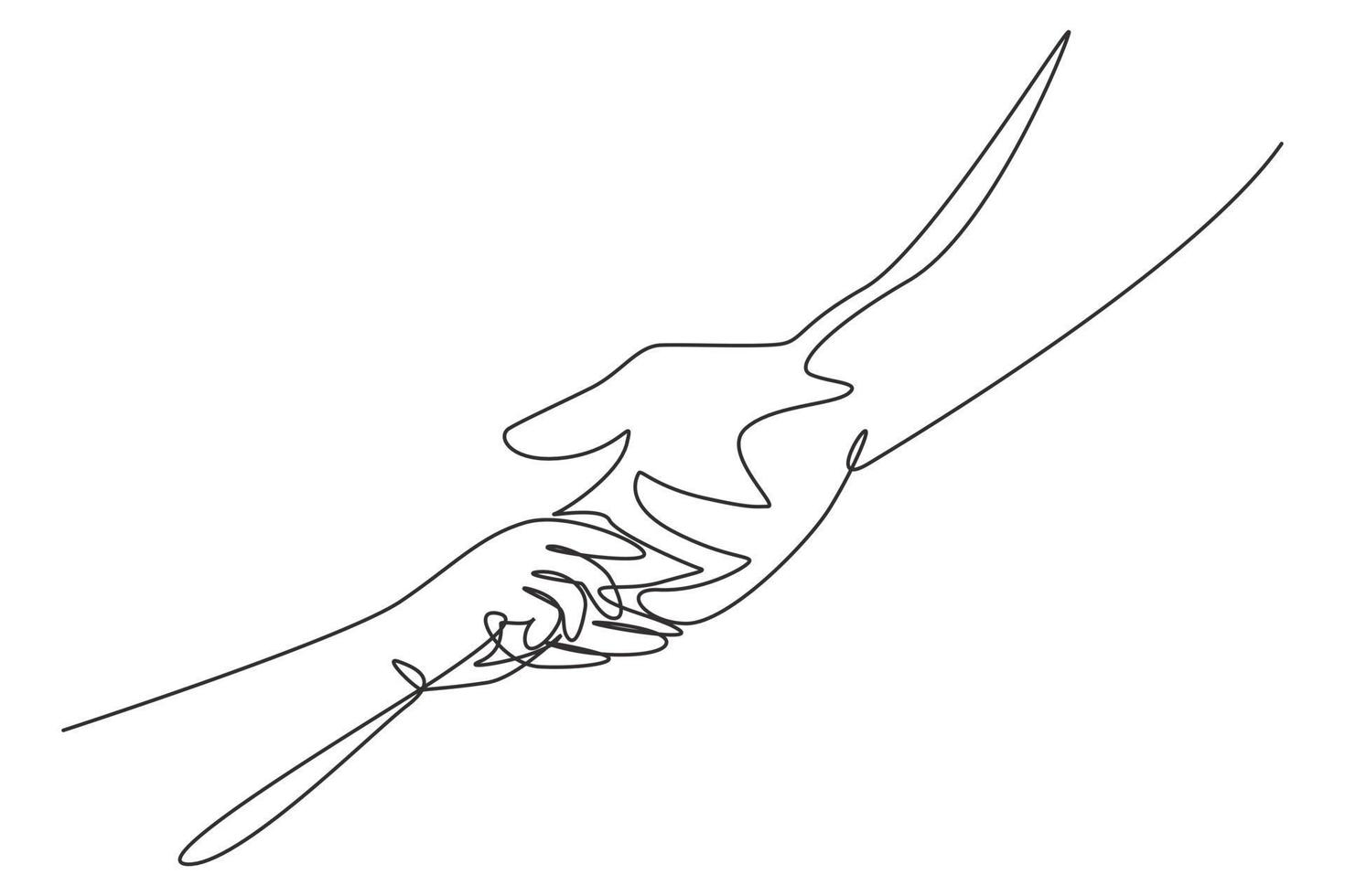 Continuous one line drawing father giving hand to child. Childhood with family. Daughter have bonding with her father. Hero father and family pride. Single line draw design vector graphic illustration