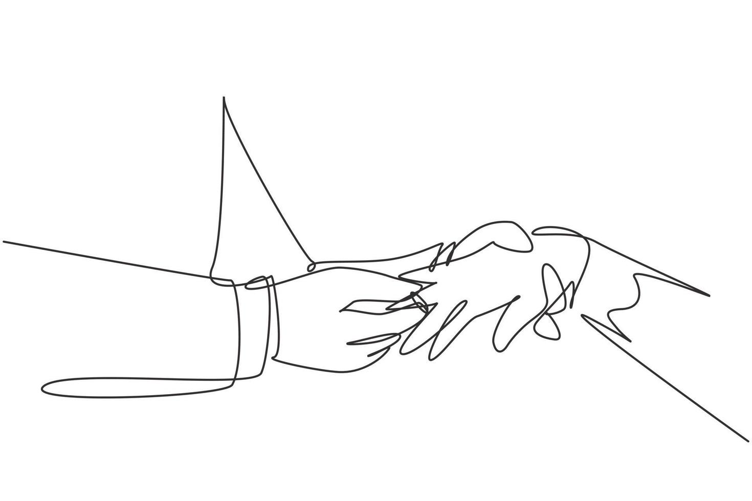 Single one line drawing groom puts ring on finger of bride. Bride and groom make vow of loyalty on their wedding day. Marriage ceremony celebration concept. Modern continuous line draw design graphic vector