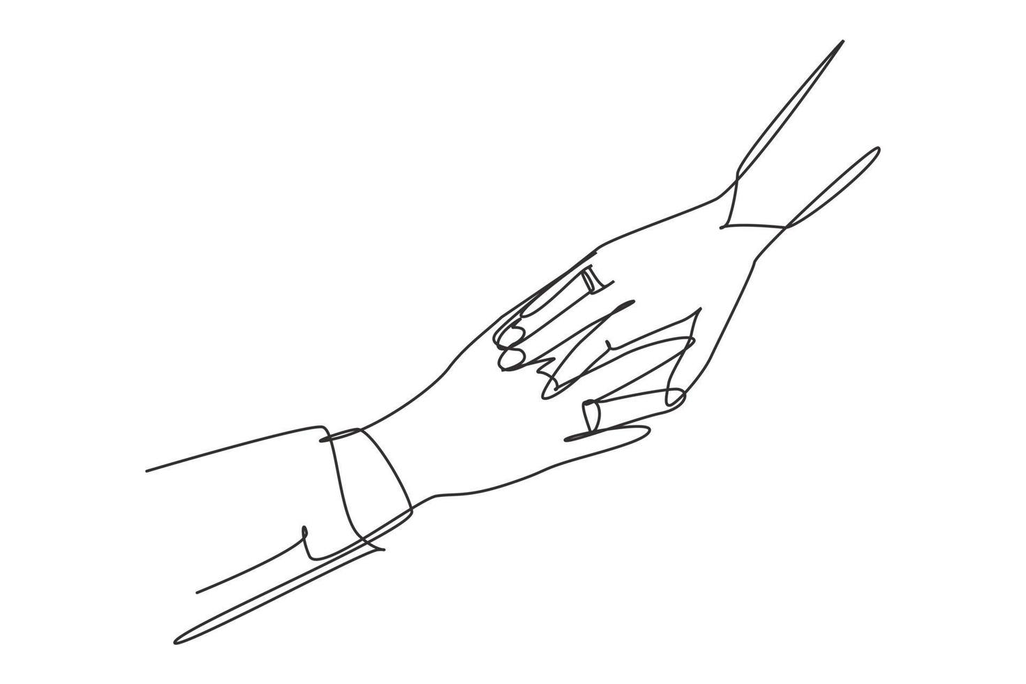 Single continuous line drawing hand of groom and bride with wedding rings. Bride and groom make vow of loyalty on their wedding day. Marriage ceremony. One line draw graphic design vector illustration