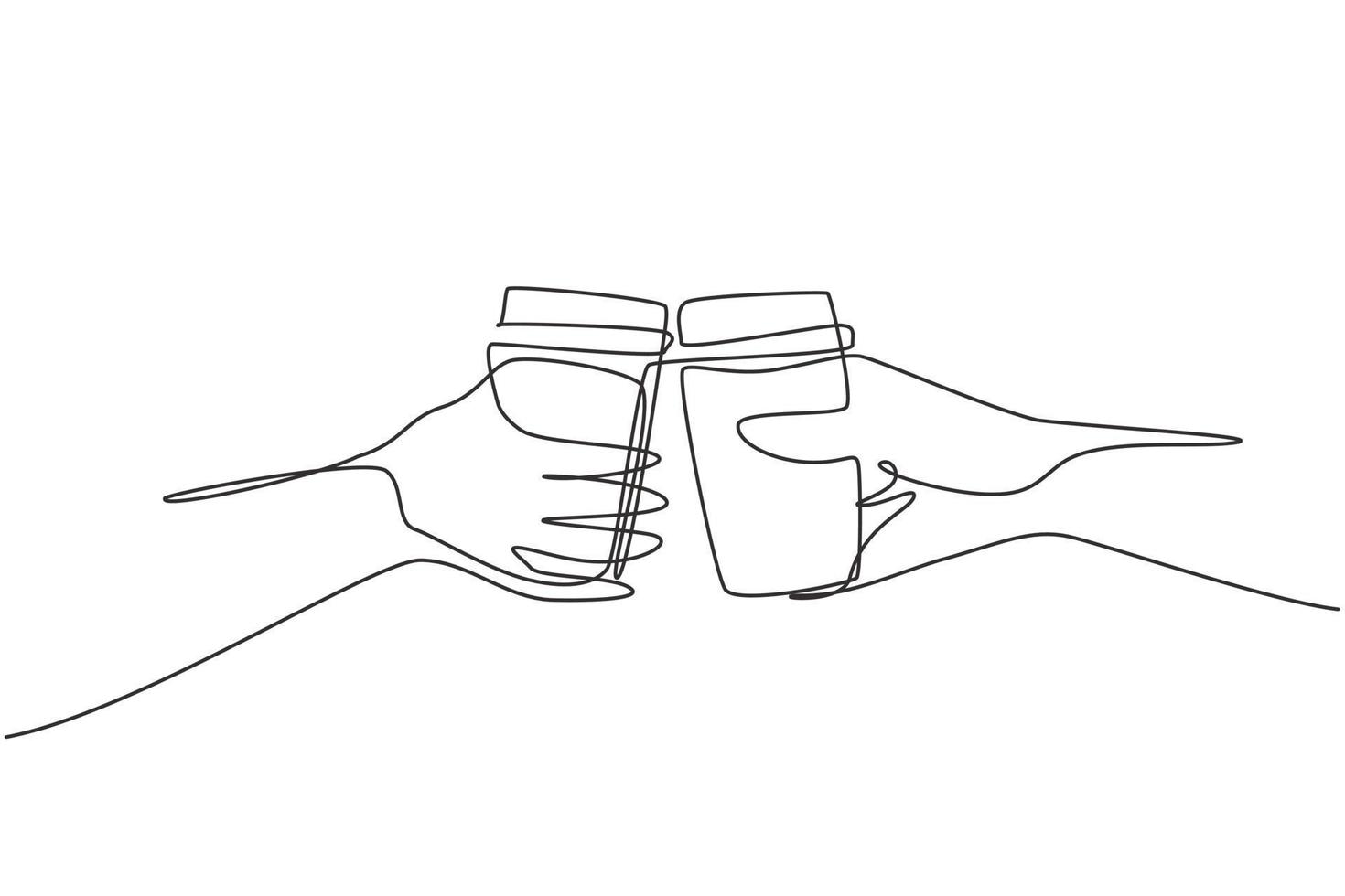 Continuous one line drawing couple is toasting with paper cup and drink coffee. Habit of drinking coffee in morning at home before doing activities. Single line draw design vector graphic illustration