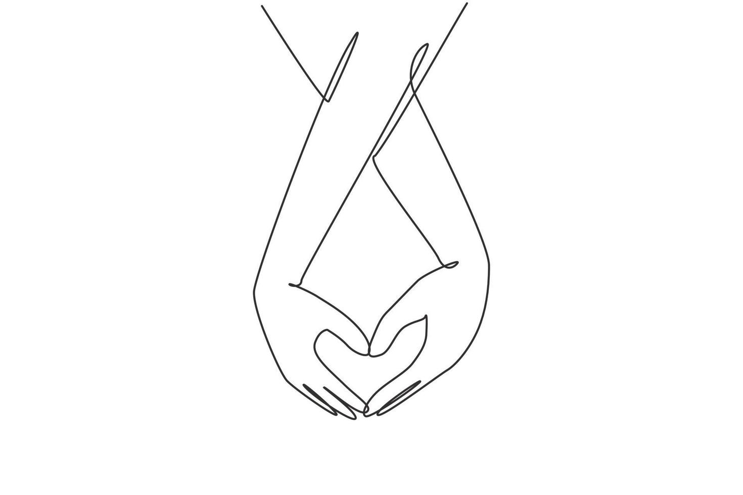 Continuous one line drawing bride and groom holding hands making love shape. Bride and groom make vow of loyalty on their wedding day. Marriage concept. Single line design vector graphic illustration