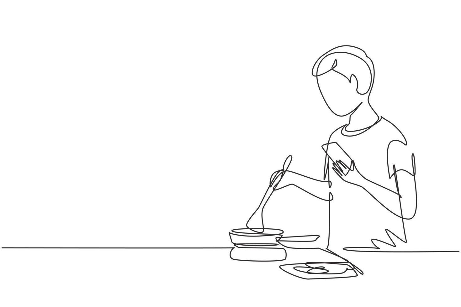 Continuous one line drawing handsome husband is cooking while looking at tutorial on smartphone. Learn to cook with modern technology. Prepare food. Single line draw design vector graphic illustration