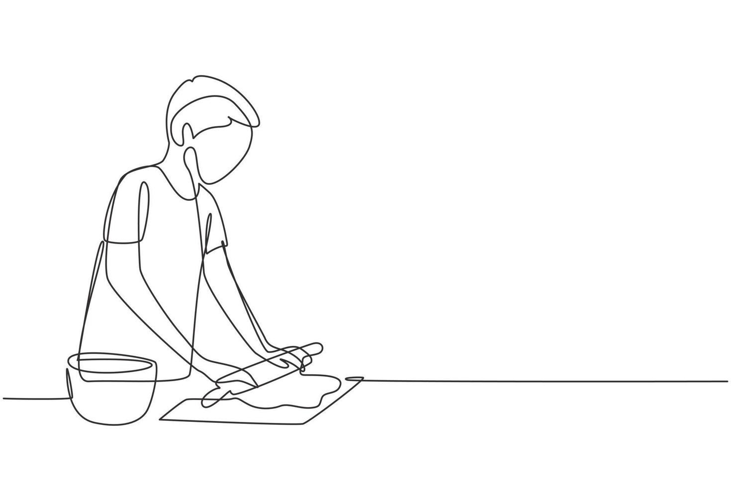 Dibujo de línea continua única joven haciendo masa para galletas con un rodillo en la acogedora mesa de la cocina. haciendo panadería y pizza casera en casa. Ilustración de vector de diseño gráfico de dibujo de una línea dinámica