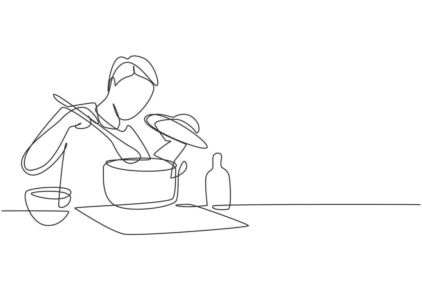 Single one line drawing handsome husband enjoying smell of cooking from pot. Prepare food at cozy kitchen. Cooking at home. Healthy food. Modern continuous line draw design graphic vector illustration