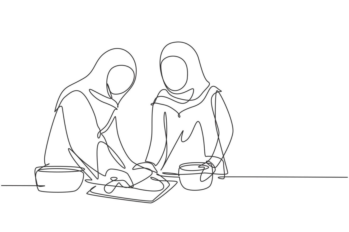 Dibujo de una línea continua dos mujeres árabes haciendo masa para galletas con un rodillo en la acogedora mesa de la cocina. haciendo panadería y pizza casera en casa. Ilustración gráfica de vector de diseño de dibujo de una sola línea