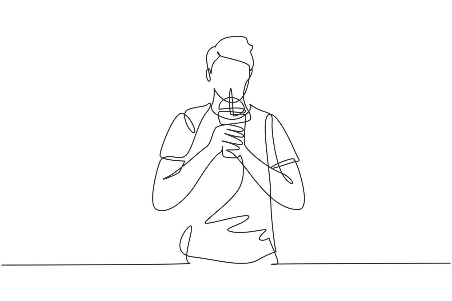 Single one line drawing young handsome male hold plastic cup and drink iced green tea with straw. Make him refreshing in summer season. Modern continuous line draw design graphic vector illustration