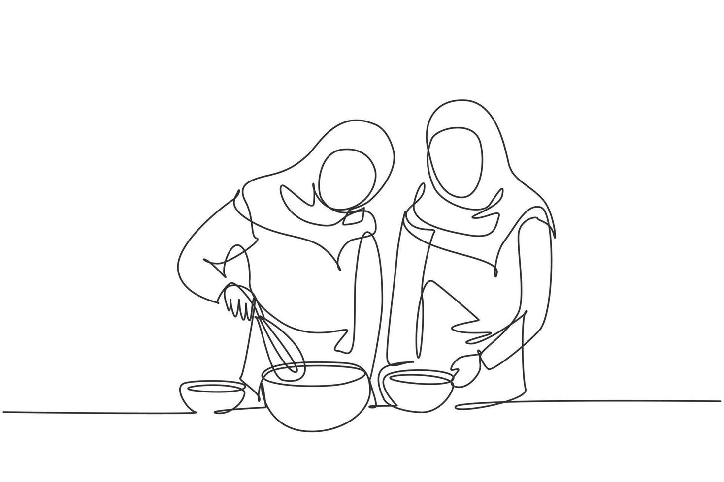 Single continuous line drawing two Arab woman talks on smartphone while preparing dinner in cozy kitchen and knead cake dough using manual hand mixer. One line draw graphic design vector illustration