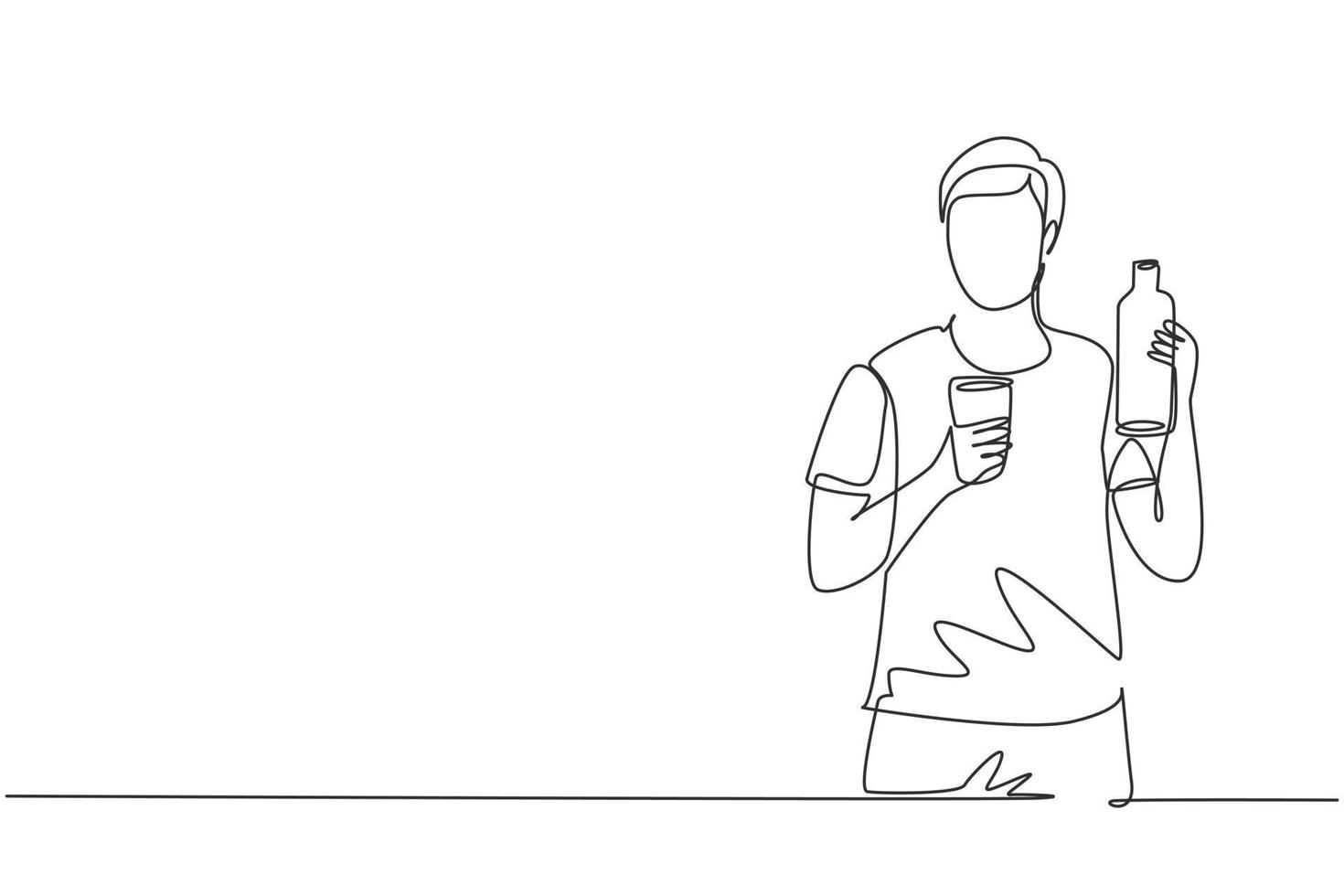 Single continuous line drawing young handsome man holding bottle in one hand and glass of orange juice in the other while having breakfast at home. One line draw graphic design vector illustration