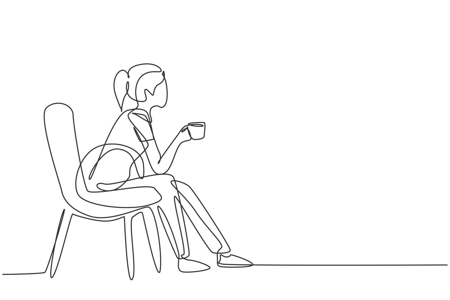 Single continuous line drawing young pretty girl sitting in modern chair, enjoying coffee in front of window at cozy home, side view concept. Dynamic one line draw graphic design vector illustration