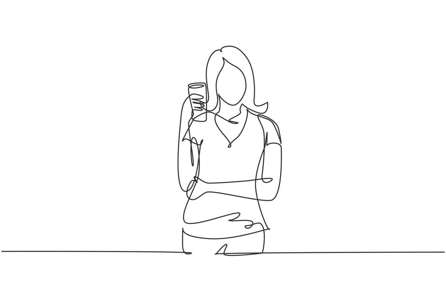 Single one line drawing portrait of happy young beautiful female holding glass of orange juice. Make her refreshing in summer season. Modern continuous line draw design graphic vector illustration