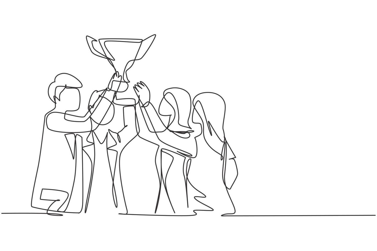 Single one line drawing young business team holding trophy showing success. Symbol of achievement and successful business performance. Modern continuous line draw design graphic vector illustration