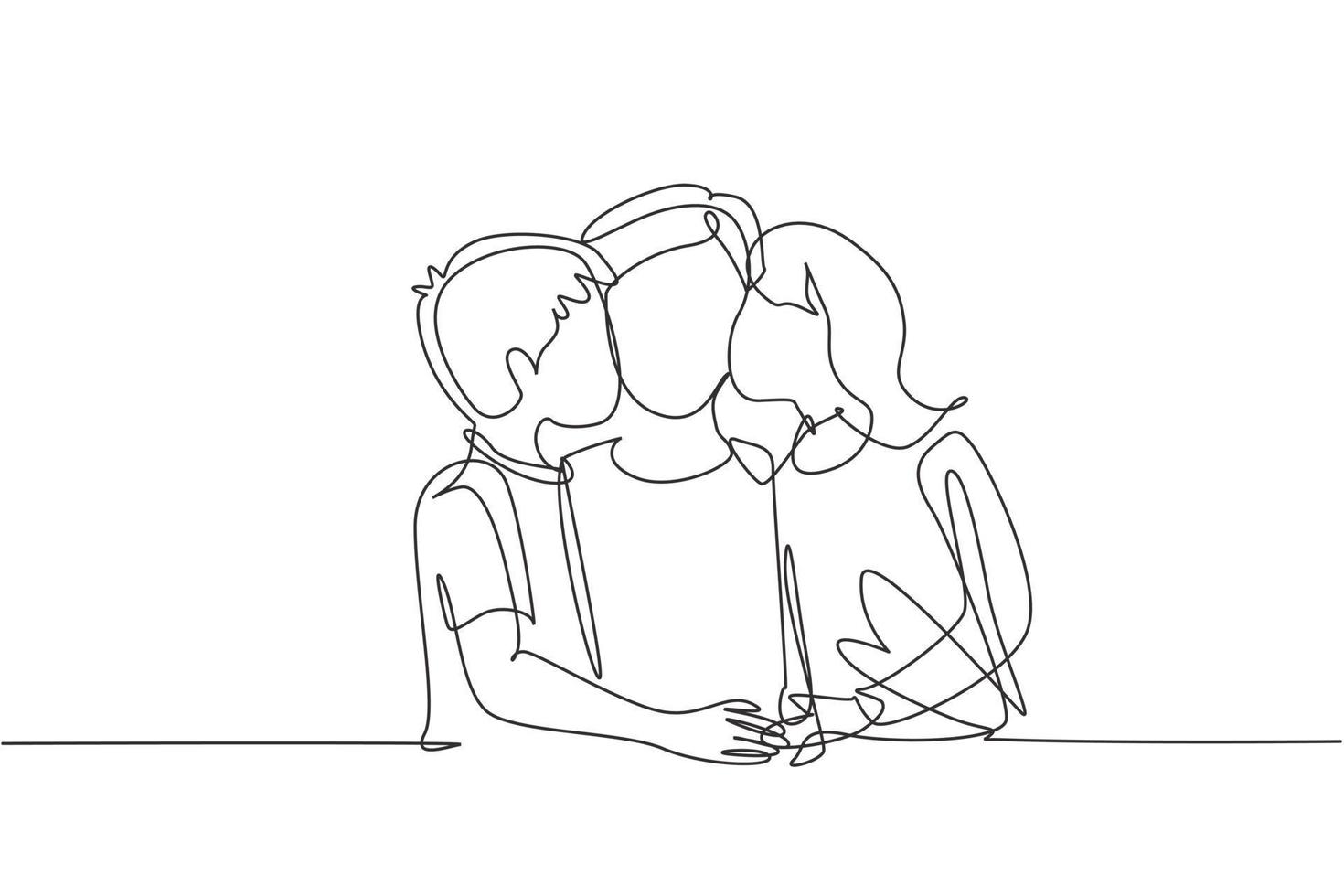 Single one line drawing portrait of children kissing their father. Fathers day concept. Family holiday. Love of children with their father. Continuous line draw design graphic vector illustration